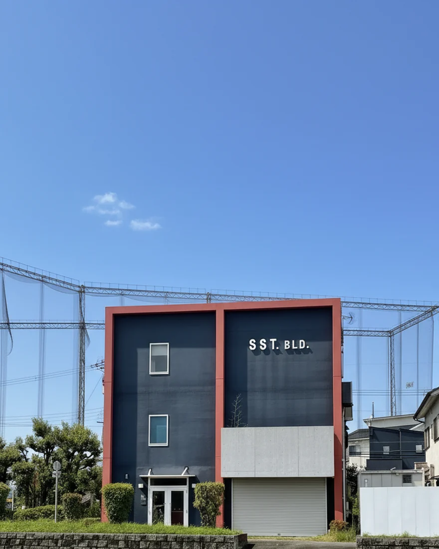 株式会社エス・エス・ティの自社ビル。紺色の外壁に SST BLD. の文字が入っている