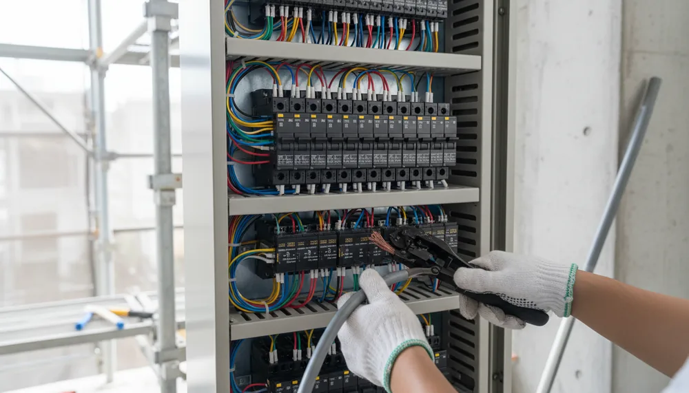 分電盤の扉を開け、ブレーカーに配線を結線している作業の様子