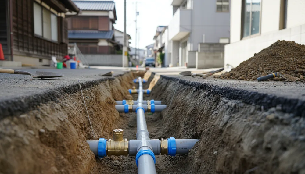 住宅街の道路を掘削し、給排水の配管とバルブを接続している現場